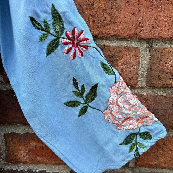 Zara Trafaluc Denimwear Floral Embroidered Kimono Light Denim Button Tie Small - Picture 13 of 16